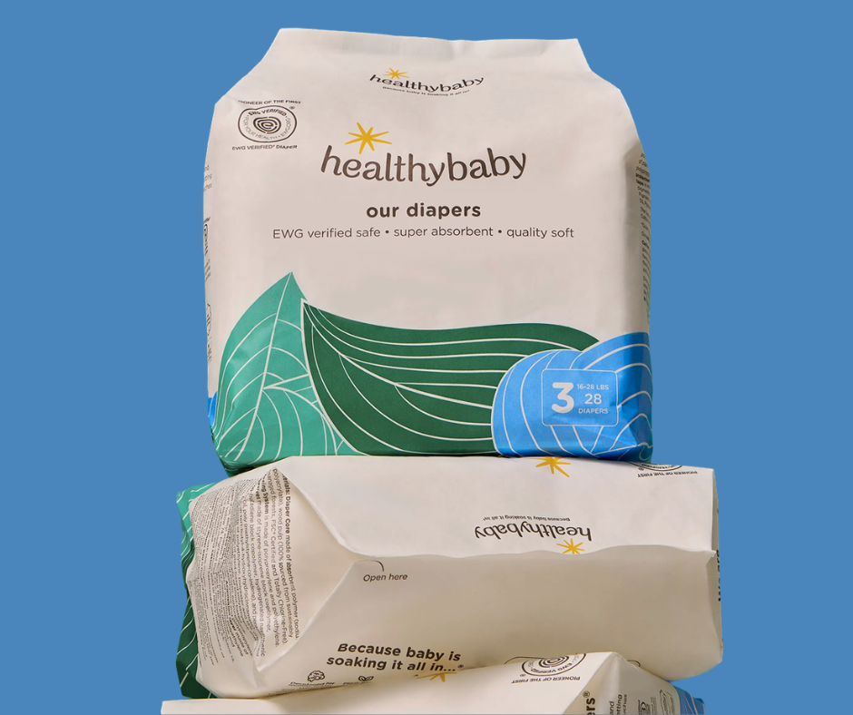 A stack of non-toxic HealthyBaby diapers.