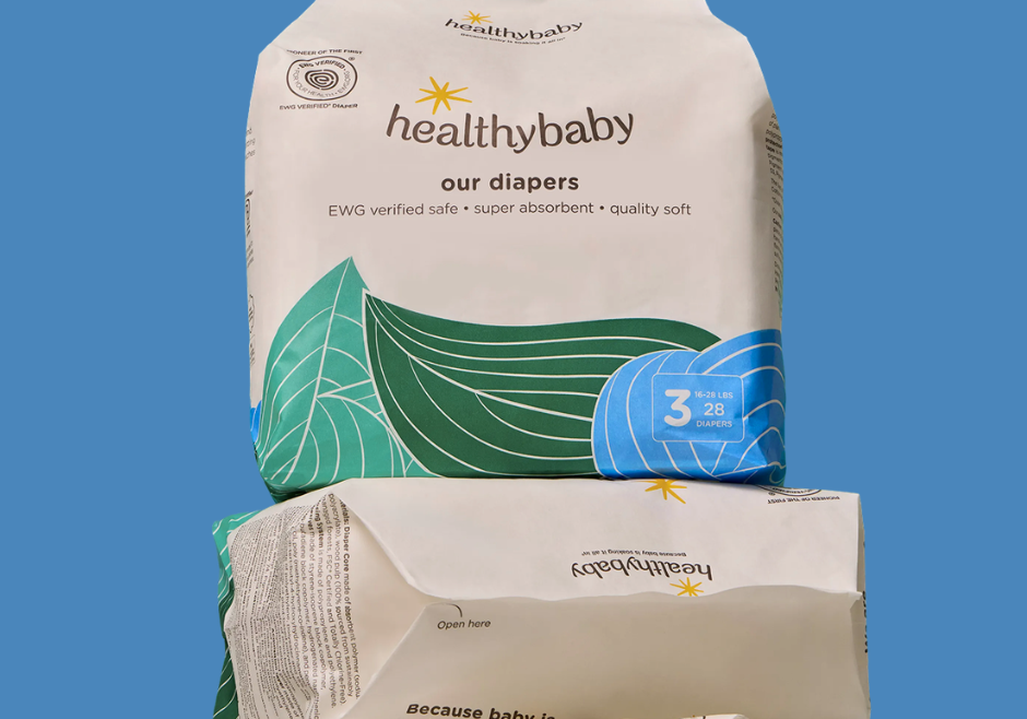A stack of non-toxic HealthyBaby diapers.