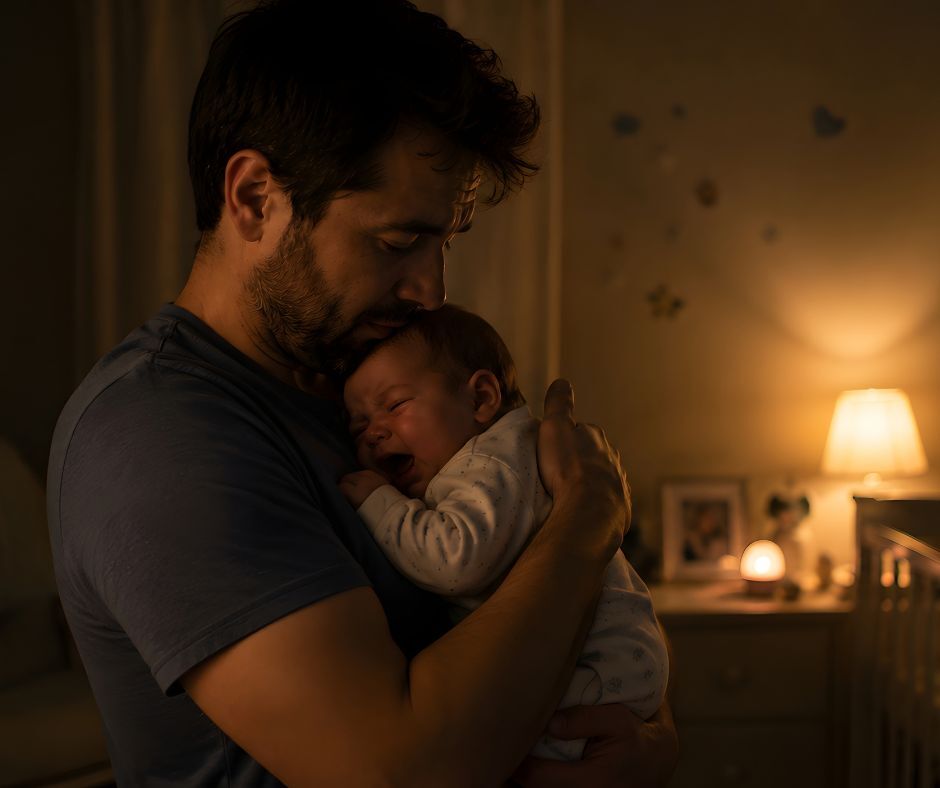 A dad comforts his crying baby at night.